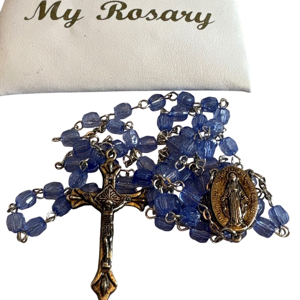 Blue Plastic Bead‎ Rosary Miraculous Medal Crucifix Zip Up Rosary Pouch Catholic